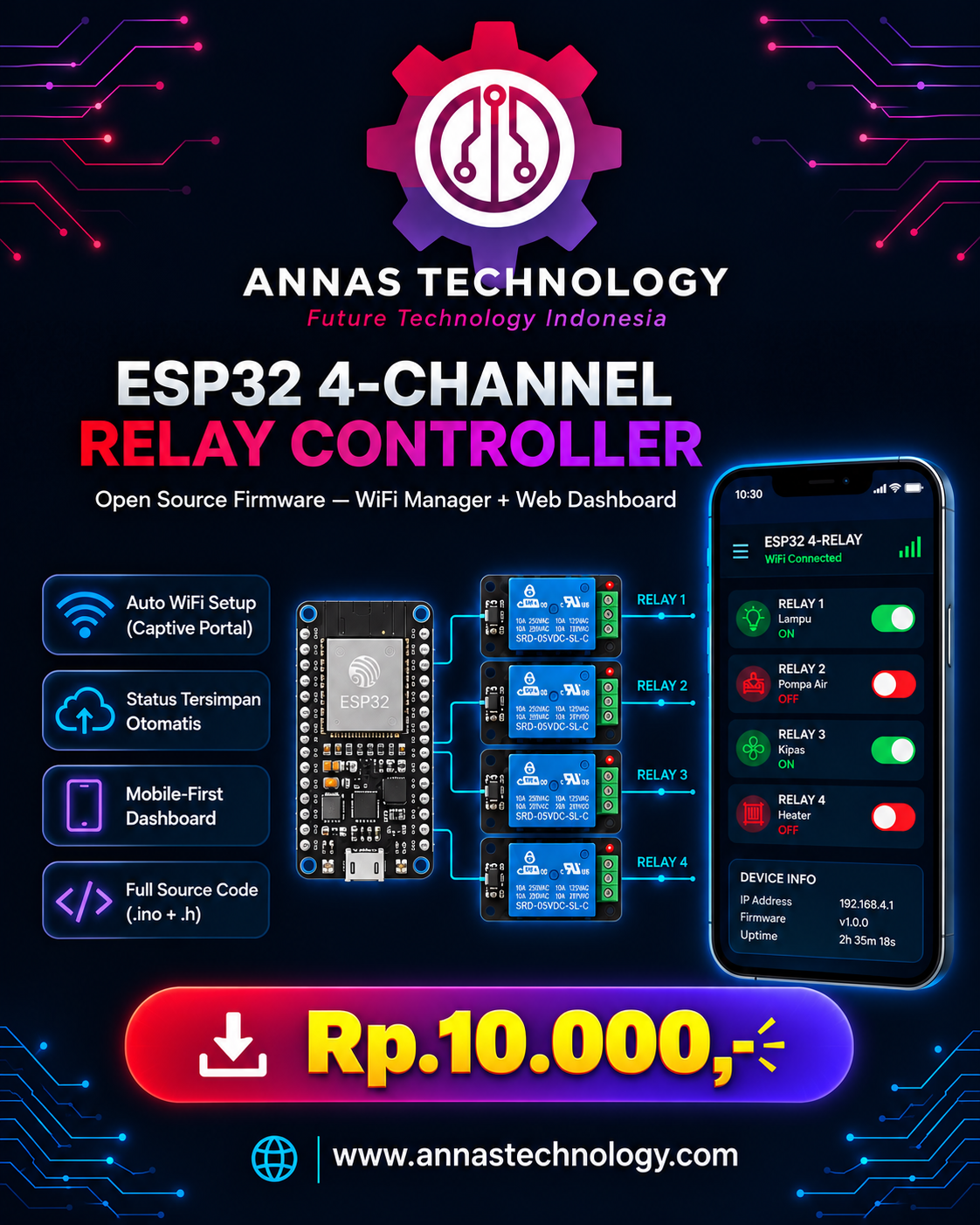 ESP32 4-CHANNEL RELAY CONTROLLER - Open Source Firmware – WiFi Manager + Web Dashboard — ESP32 4-CHANNEL RELAY CONTROLLER Open Source Firmware – WiFi Manager + Web Dashboard Kontrol hingga 4 relay melalui web browser dengan ESP32